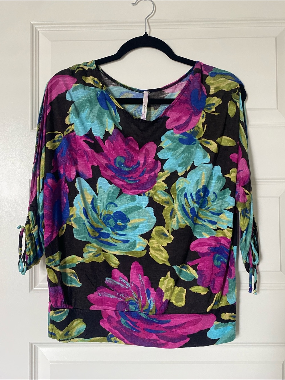 3/4 sleeve cold shoulder Tie-Sleeve Top in Black with Pink & Teal Flowers